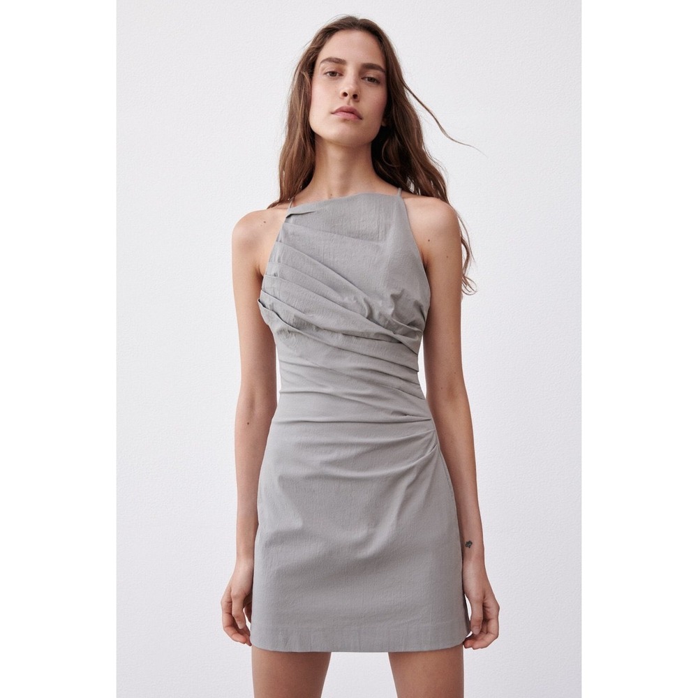 Zara Grey Draped Pleated Mini Dress Open Back Strappy Small
